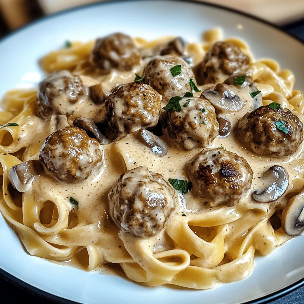 Cremige Pasta in Pilz-Sahne-Sauce mit Hackfleischbällchen