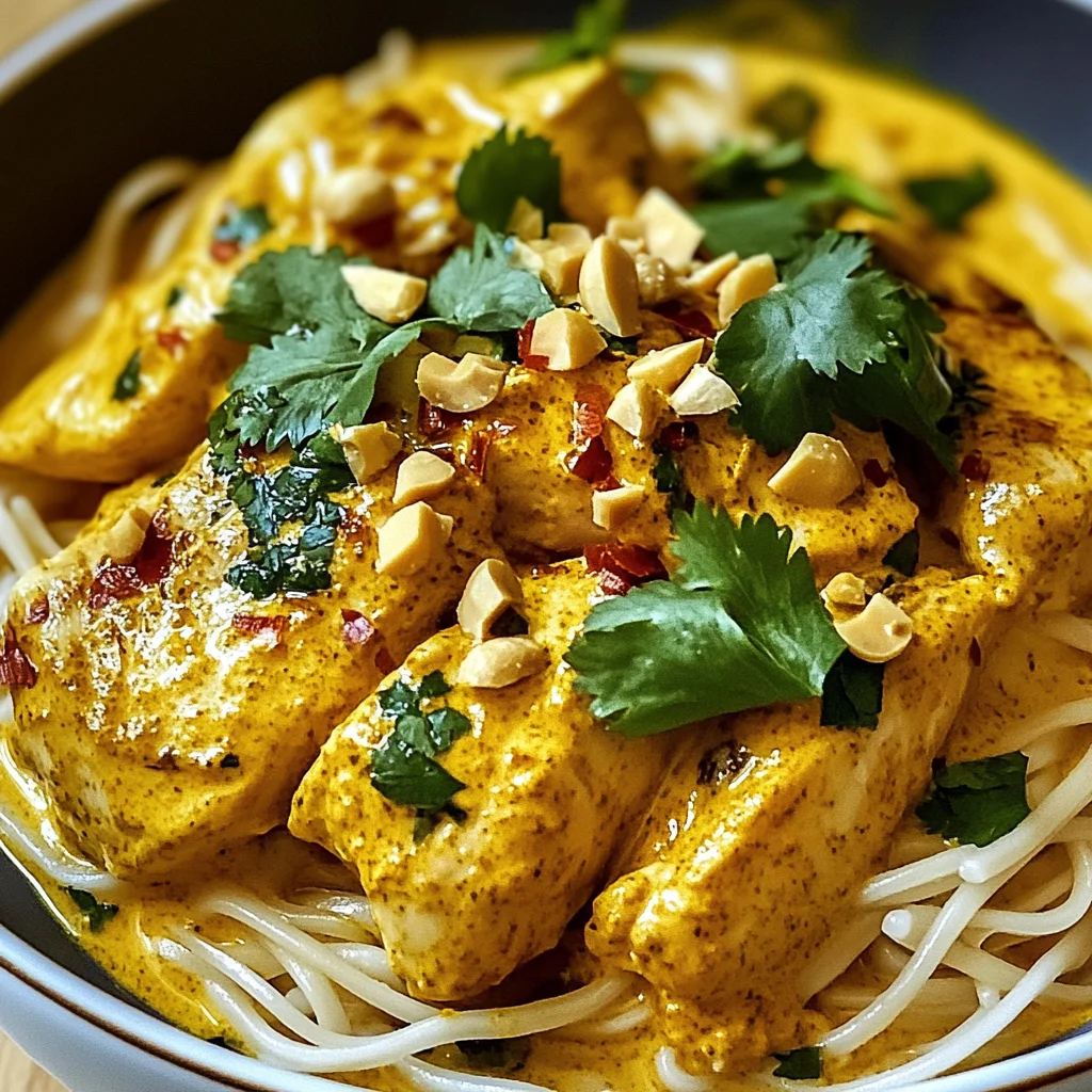 Cremiges thailändisches Kurkuma Hähnchen mit Nudeln