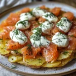 Knusprige Kartoffelgalette mit Räucherlachs und Crème Fraîche