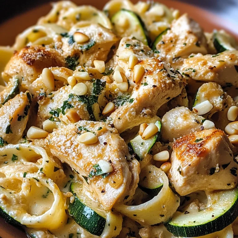 Zucchini Parmesan Pasta mit Hähnchen und Pinienkernen