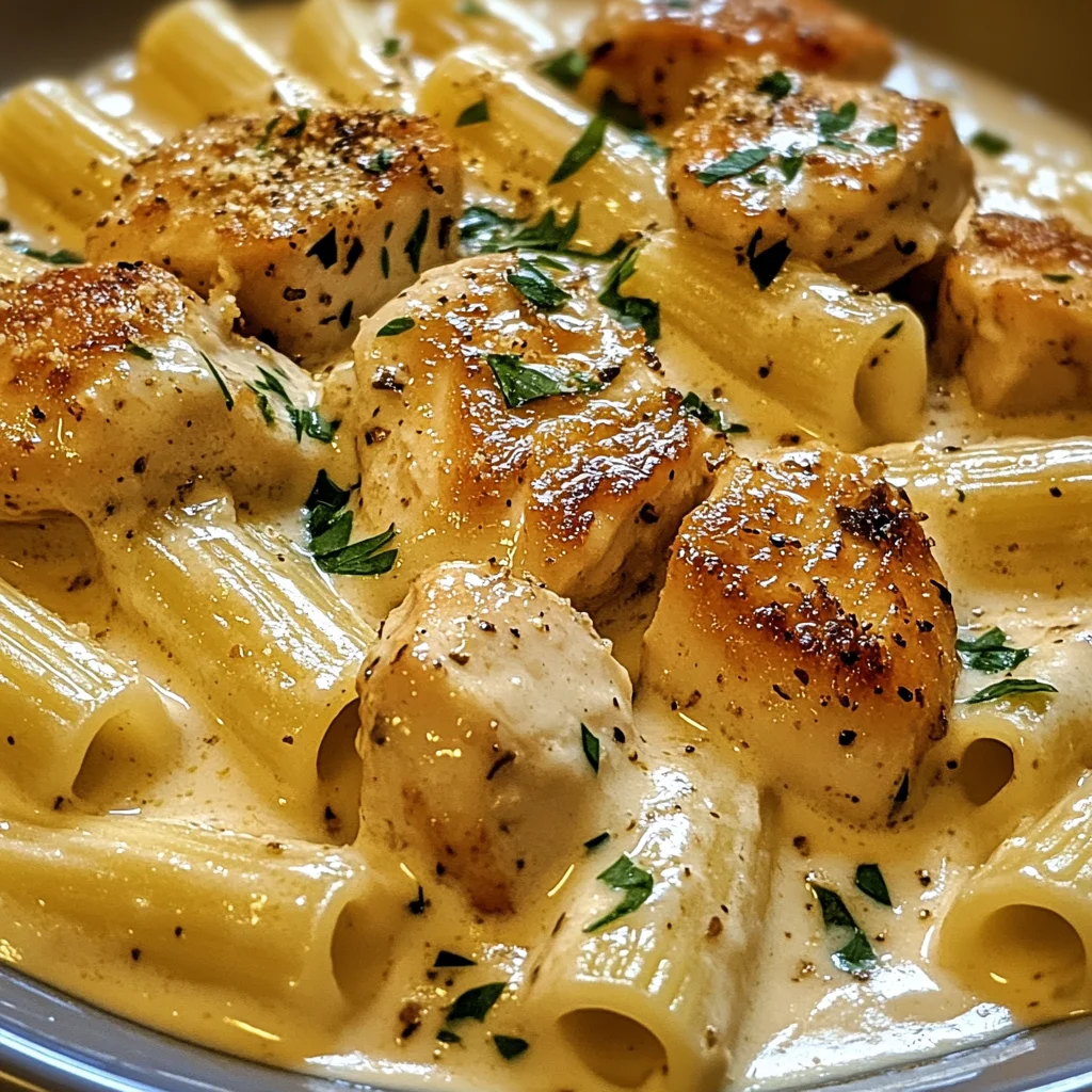 Cremiges Knoblauchbutter-Huhn und Rigatoni in Parmesan-Soße