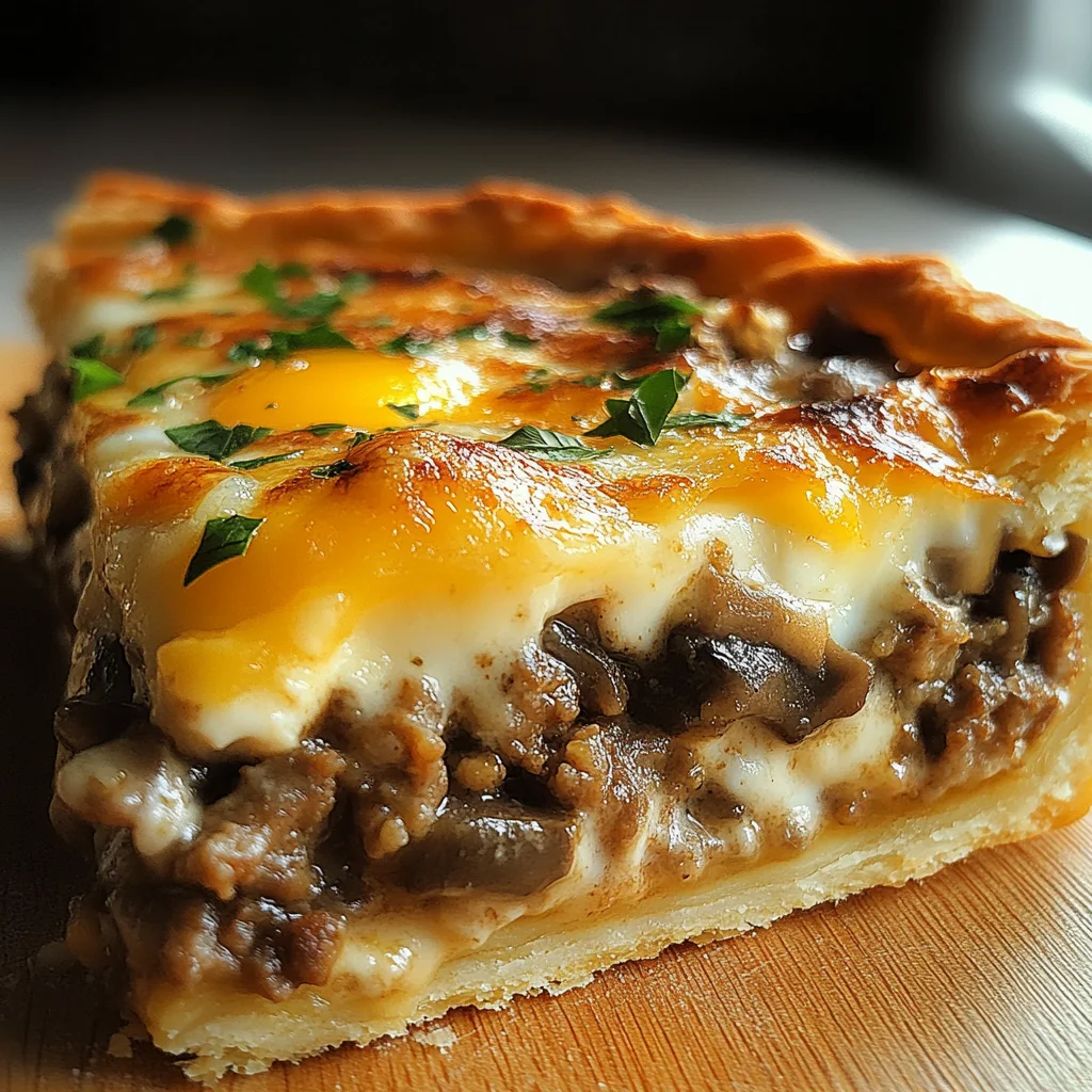 Torte mit Pilzen, Hackfleisch und Käse