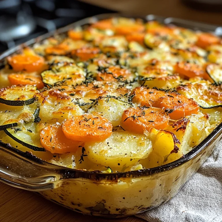 Vegetarischer Kartoffelauflauf mit Zucchini, Karotten und Zwiebeln